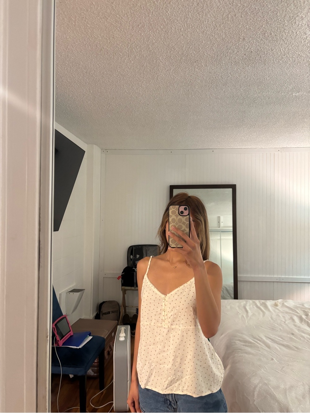 Brandy Melville Cream Floral Dot Button-Front Cami